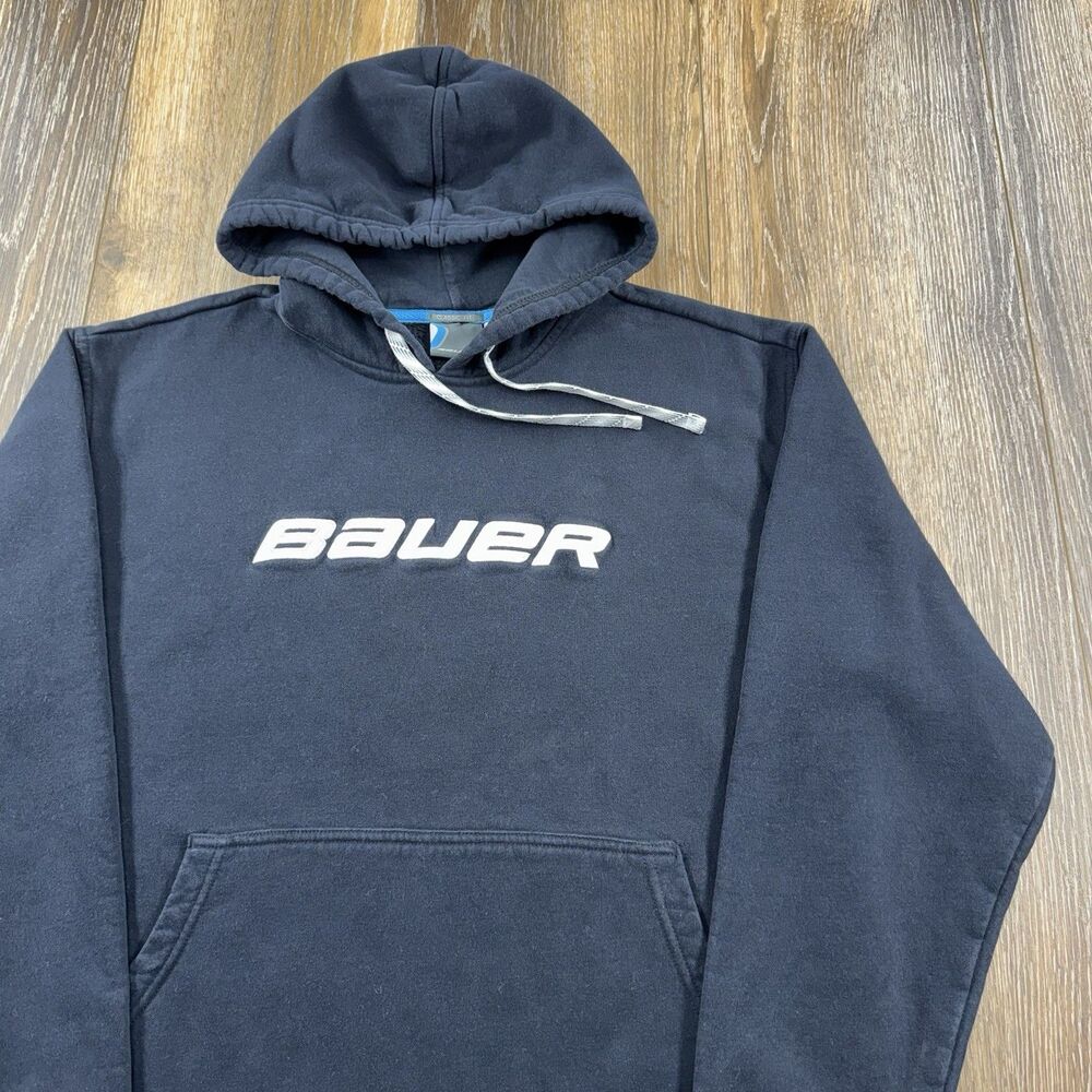 Vintage Bauer Hockey Hoodie Mens M Black Sweatshirt Spellout Ice Logo Sweater